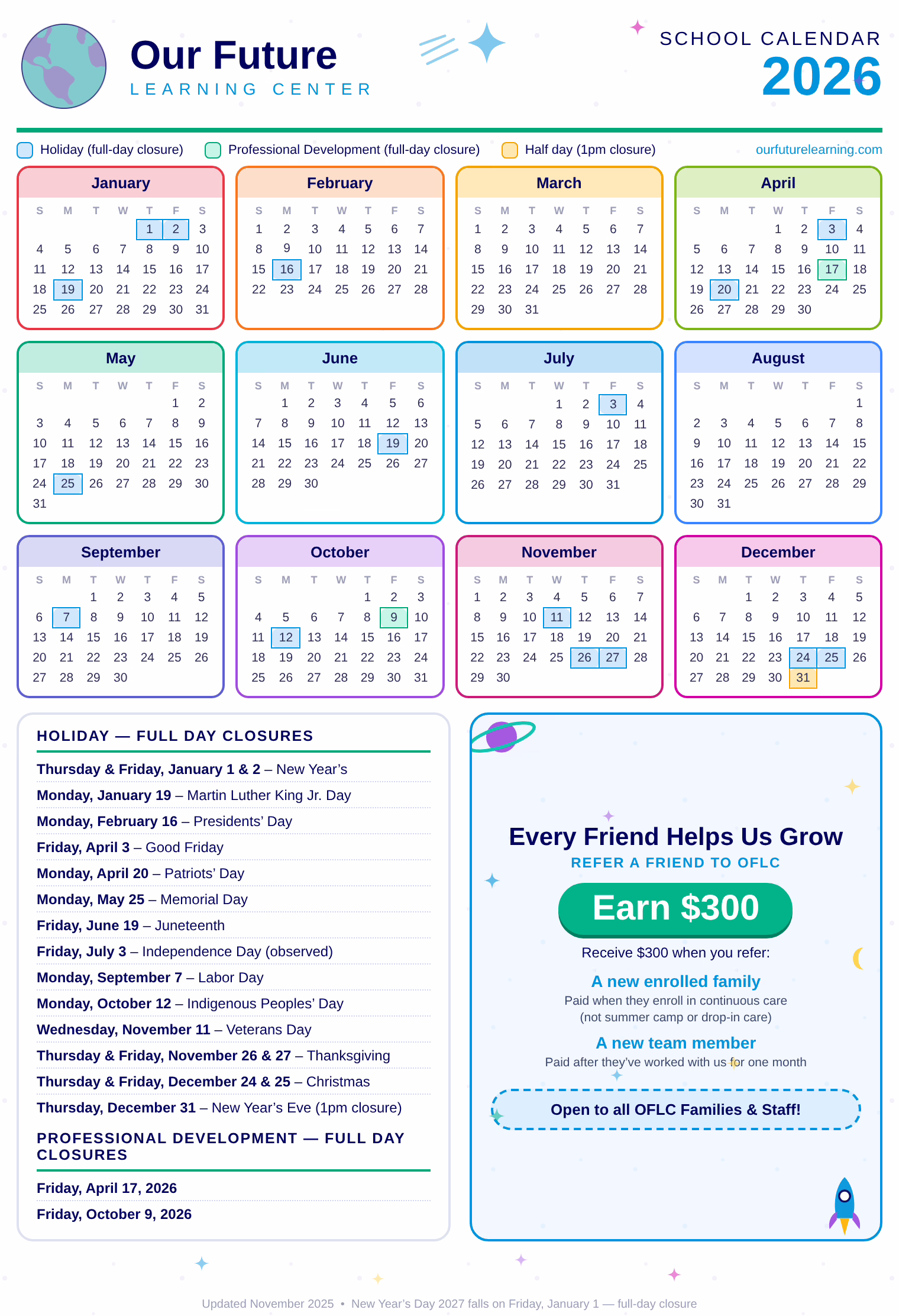 OFLC 2026 school calendar showing all holiday and professional-development closures